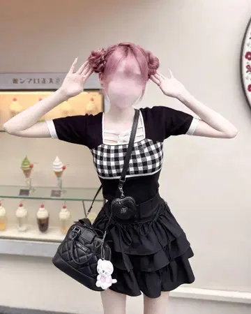 새상품 허니뮤우 더블 리본 체크 상의 미셸 마카롱