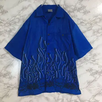 파이어 x 스컬 파이어 셔츠 불꽃 양면 프린트 폴리 셔츠 블루 M