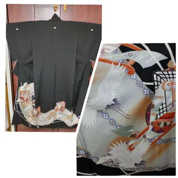 [ 새상품급 ] 블랙 전통 예복 기모노 순수 실크 학 겨울용