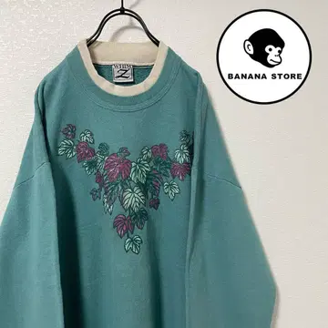 90s 빈티지 맨투맨 터콰이즈 잎사귀 프린트 옷깃 링거