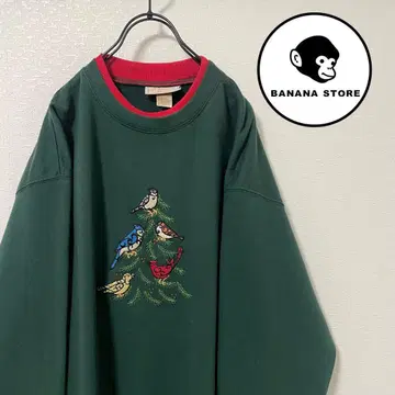 90's 빈티지 바이컬러 맨투맨 빨간색 x 그린 트리 자수 작은 새