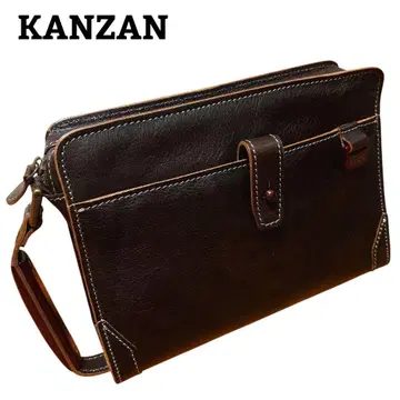 [ 레어 새상품급 ] KANZAN 올 가죽 클러치백 우드 핸들