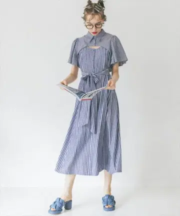 레이디 아젤 스트라이프 데콜테 오픈 셔츠 원피스