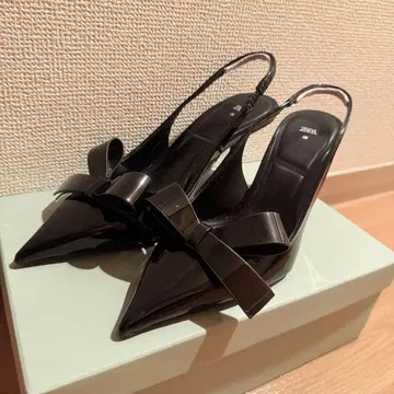 ZARA 하이힐 슬링백 신발 리본 블랙 에나멜