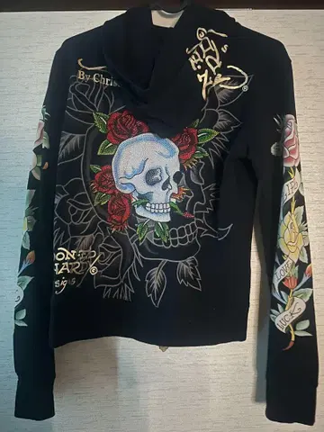 ED HARDY 스컬과 장미 자수 후드티