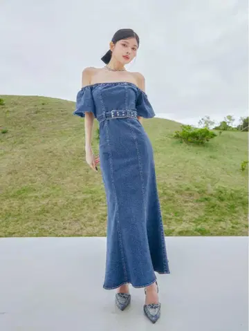 Darich 데님 오프숄더 롱 원피스