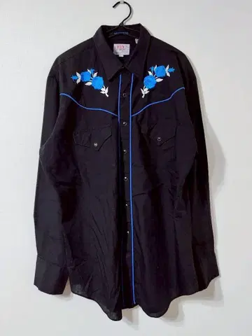 빈티지 ELY 엘리 장미 꽃무늬 자수 웨스턴 긴팔 셔츠 블랙