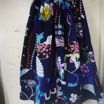 네이비 블랙 베이스 유카타 리메이크 패치워크풍 개더 롱 스커트