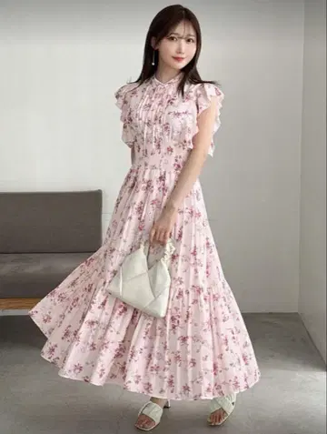 플라워 프린트 프릴 소매 롱 원피스
