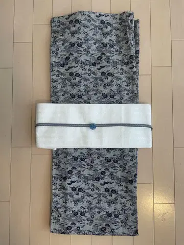 유카타 제작품 중고 옷감 파도, 풀꽃 패턴, 옅은 브라운 목화