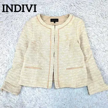 INDIVI 인디비 트위드 노카라 라메 자켓 베이지 M