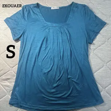EKOUAER 파랑 스퀘어넥 티셔츠 S 블루 플리츠 컷앤소