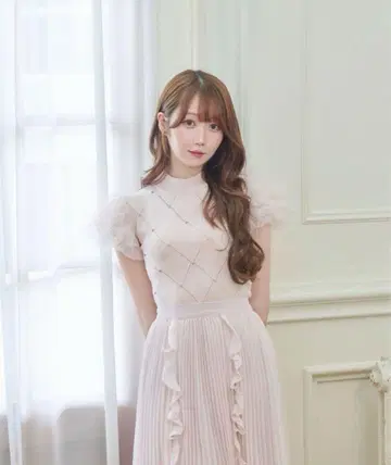 RoseMuse 튤 슬리브 비주 니트 반팔 핑크