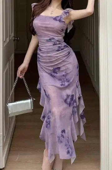 Floral Ruffle Hem Purple Dress