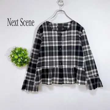 [ Next Scene ] 노카라 자켓 체크 무늬 플레어 소매 빅