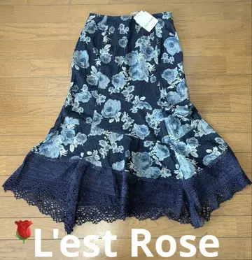 L'est Rose 장미 패턴 데님 롱 스커트 M