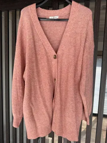 리브 편직 핑크 V넥 가디건 3L