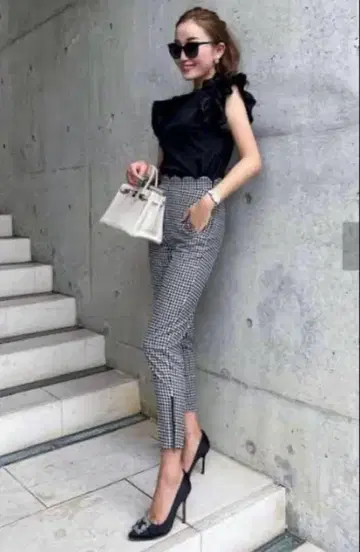 셰리에 스칼라 지퍼 테이퍼드 팬츠 깅엄 체크