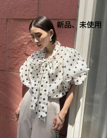 엘프 랭크 인기 오간자 도트 BIG 리본 블라우스 화이트