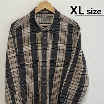 USA 구제 의류 플란넬 셔츠 XL 베이지 그레이 체크 무늬 코튼 긴팔
