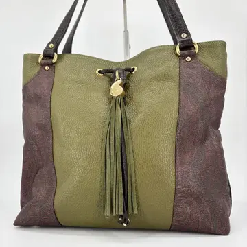 ETRO 에트로 토트백 페이즐리 가죽 천연 가죽 그린 태슬