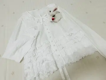 핑크하우스 블라우스 긴팔 면 레이스 단단 면 로즈 프릴 장미 로즈