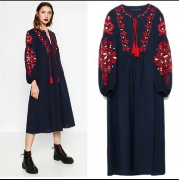 ZARA 우먼 자수 네이비 긴팔 롱 원피스