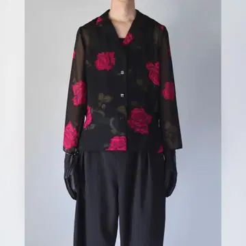 90s archive 시스루 로즈 패턴 셔츠 블랙 시어 구제 의류