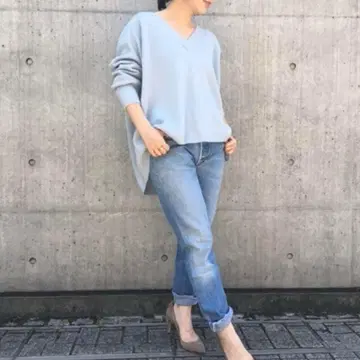 젠틀우먼 니트 울 캐시미어 V넥 스웨터 스카이블루
