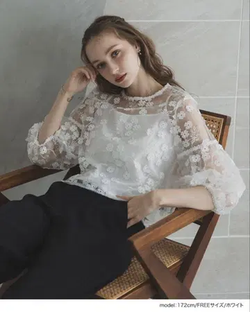 꽃무늬 레이스 오부 소매 상의 오간자