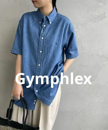 Gymphlex 인디고 데님 블루 버튼 다운 반팔 셔츠 L 새상품급