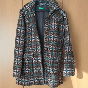 BENETTON 더플 코트 브라운 체크 무늬 후드 부착