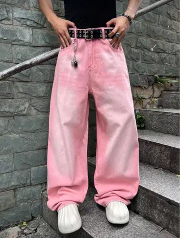 와이드 배기 팬츠 청바지 핑크