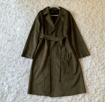 ZARA 올리브색 스웨이드풍 롱 코트 벨트 포함