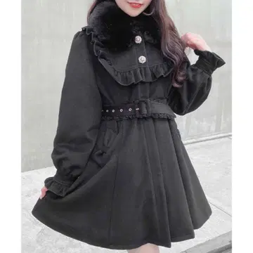 로지타 요크 프릴 리본 포켓 코트 벨트 포함 블랙