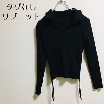 [택 없음] 블랙 상의 리브 니트 칼라 긴팔 블랙 리본