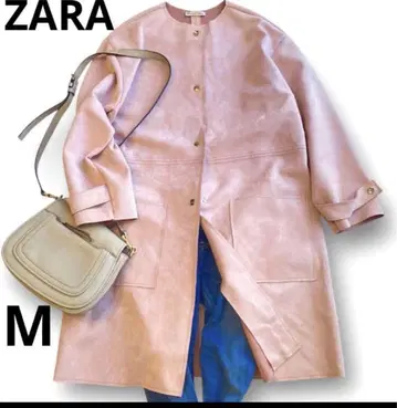 ZARA 자라 페이크 무스탕 노카라 롱 코트 핑크 M