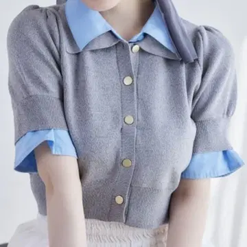 NICE CLAUP 레이어드 카라 부착 폴로 니트 그레이