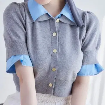 NICE CLAUP 레이어드 카라 부착 폴로 니트 그레이