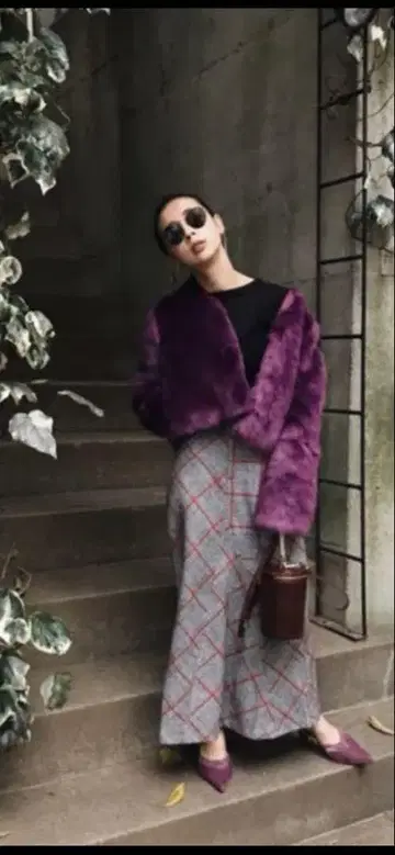 보라색 체크 무늬 롱 스커트