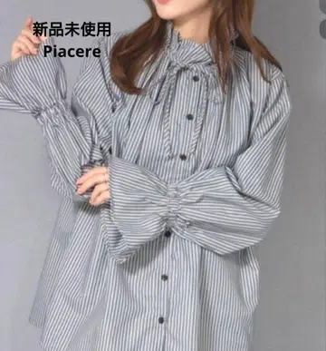 미사용 새상품 Piacere 밴드 카라 스트라이프 캔디 슬리브 셔츠 F