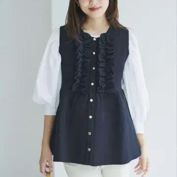 베이스먼트 온라인 페플럼 프릴 니트 베스트 네이비