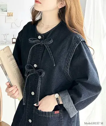 새상품급 데님 자켓 노카라 리본