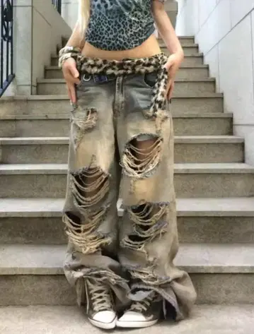 INTHRFASHION 데미지 데님 팬츠