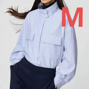 유니클로 C 코튼 스탠드 카라 셔츠 자켓 스트라이프 M 블루