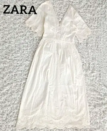 ZARA 레이스 화이트 V넥 롱 원피스 면 100%