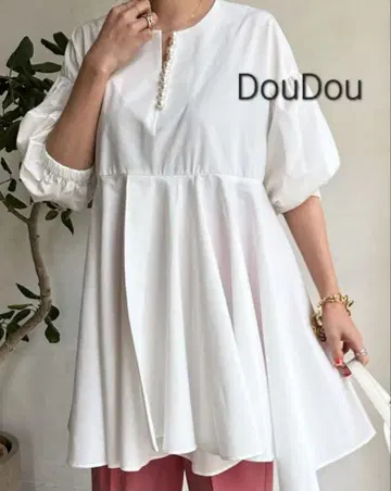 DouDou 7부 소매 펄 스키퍼 튜닉 블라우스 화이트 DouDou
