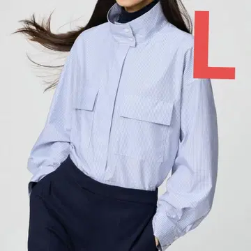 유니클로 C 코튼 스탠드 카라 셔츠 자켓 스트라이프 블루 L