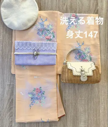 워셔블 기모노 샤베트 오렌지 꽃무늬 코몬 넓은 옷깃 기장 147