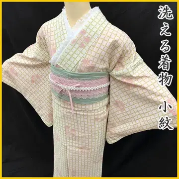 509mk52 워셔블 기모노 체크 패턴 벚꽃 코몬 아이보리 핑크 새상품급